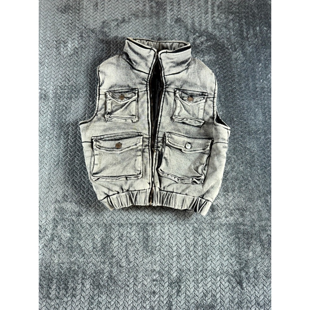 Impulsive Crop Trucker Vest Womens‎ Medium Gray Acid Wash Mock Neck Zip Front